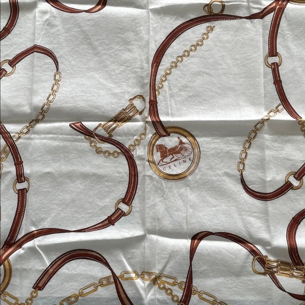 Authentic Celine Vintage Equestrian Chain Print Handkerchief in White and Brown